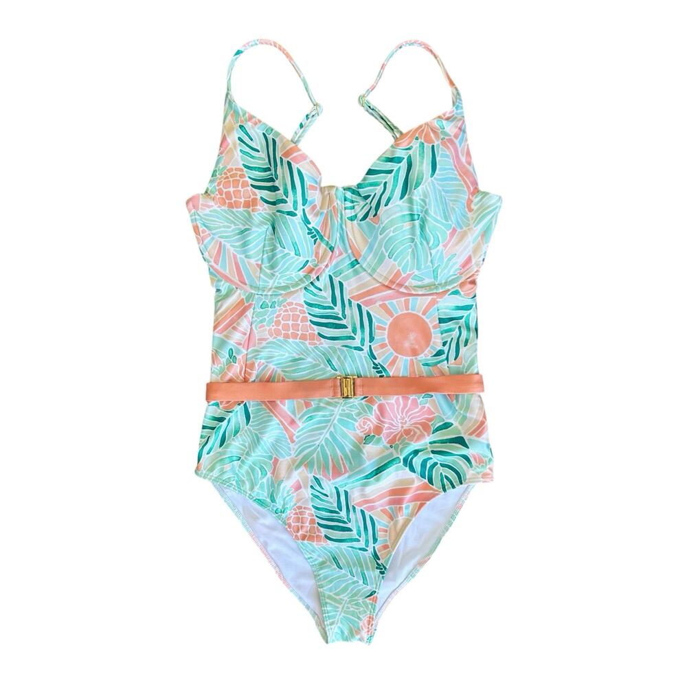 WATERCOLORS by Kenny Flowers Hawaii Underwire One Piece Belted Swimsuit Size DD